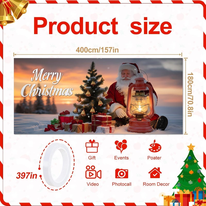 THISFIND Christmas Garage Door Banner with Santa Claus and Christmas Tree – Holiday Garage Mural Cover with Oil Lantern, Gifts, and Sunset Snow Scene – Outdoor Winter Decoration for Home - Image 2